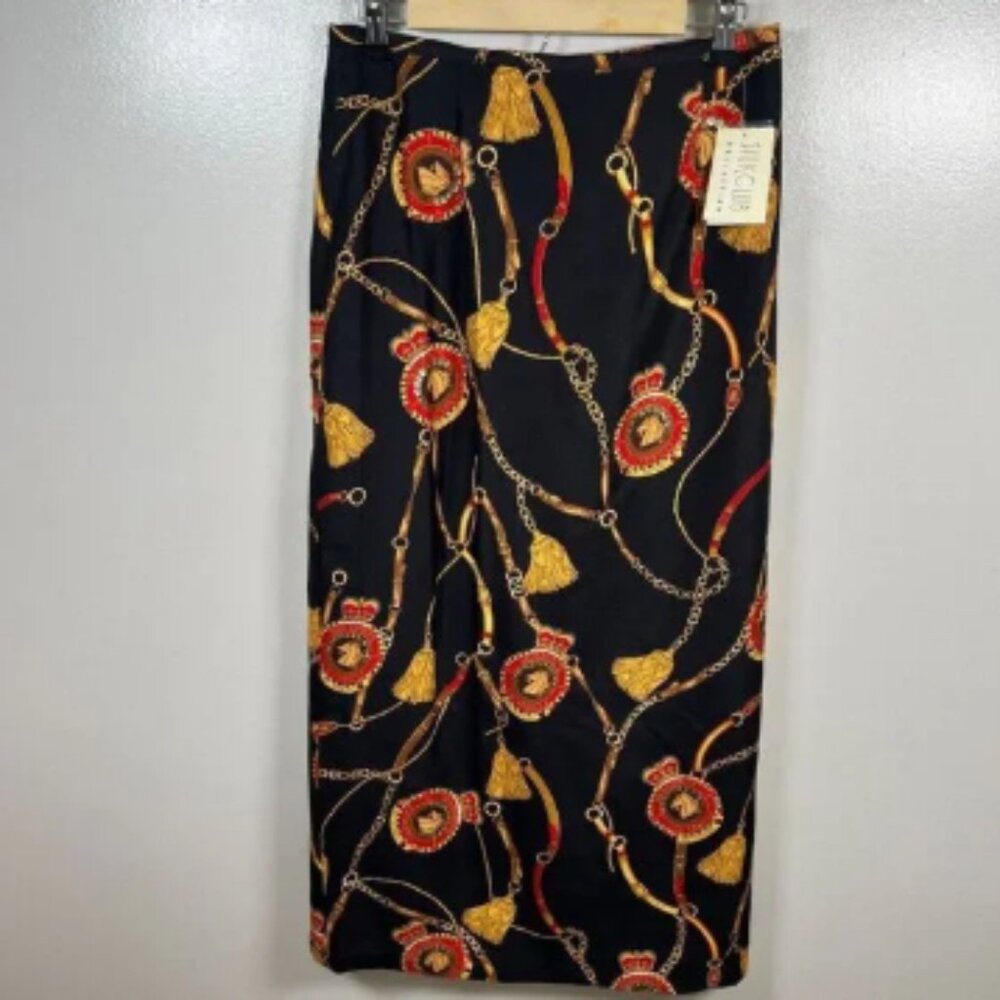 Vintage Silk Club Midi Skirt Size 8 Equestrian Black Sequin Horse Modest Work